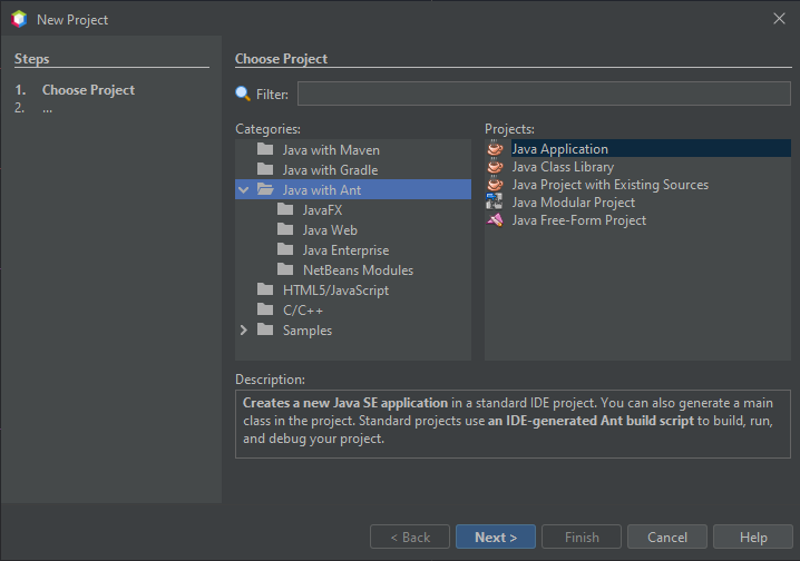 NetBeans IDE, New Project wizard, Choose Project page.